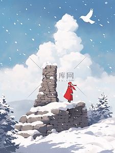 冬天女孩手绘赏雪插画海报
