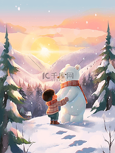 夕阳下的男孩插画图片_夕阳下冬天男孩拥抱小熊手绘插画