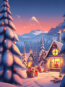 冬天圣诞节木屋圣诞树手绘插画海报