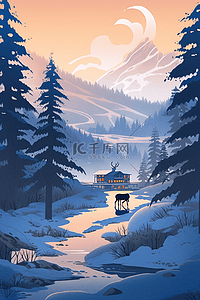 河水晚霞插画图片_小溪松树雪山冬天手绘插画