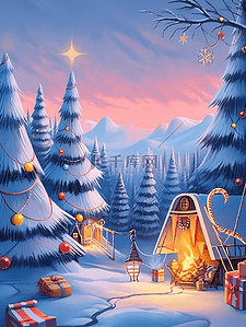 冬天的木屋插画图片_冬天圣诞节木屋海报圣诞树手绘插画