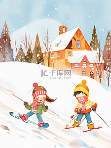 冬天背景可爱插画图片_滑雪冬天插画可爱孩子手绘