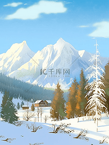 冬天雪山松树手绘插画风景海报