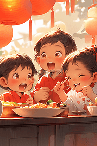 迎新年可爱孩子手绘吃年饭插画海报