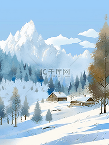 绿色松树林插画图片_冬天插画雪山松树风景手绘海报