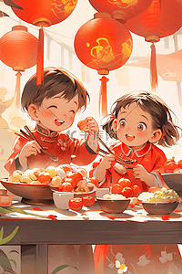 红色圆灯笼插画图片_迎新年可爱孩子吃年饭插画海报手绘