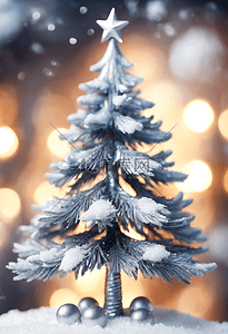 银色的插画图片_金色银色的圣诞树模型雪地温暖灯光插画