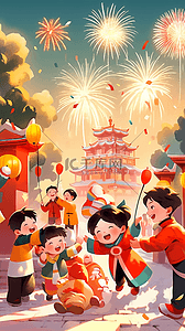 新年松柏插画图片_迎新年插画可爱孩子放鞭炮手绘