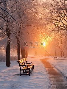 冬天公园清晨的阳光休闲长椅15