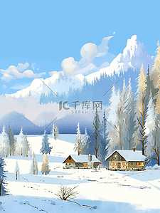 冬天雪山松树手绘插画海报风景