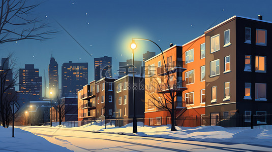 单间公寓插画图片_冬天夜晚的公寓宿舍楼9