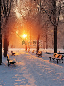 冬天公园清晨的阳光休闲长椅1