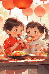 红色圆灯笼插画图片_迎新年海报可爱孩子吃年饭手绘插画