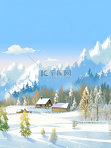 冲海报插画图片_冬天雪山插画松树风景手绘海报