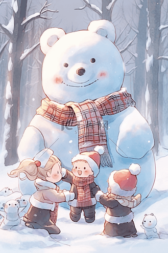 冬天玩耍雪地里孩子手绘插画
