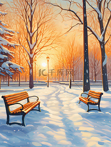 艺术休闲插画图片_冬天公园清晨的阳光休闲长椅20
