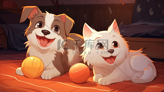 宠物猫宠物狗插画图片_猫和狗快乐在床上12