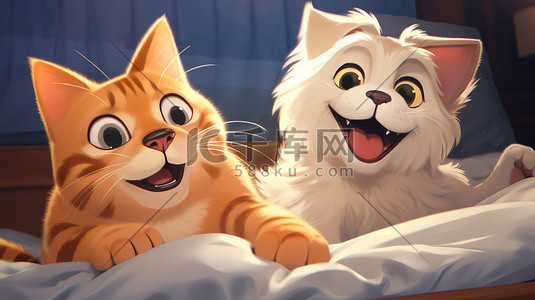 宠物猫宠物狗插画图片_猫和狗快乐在床上4