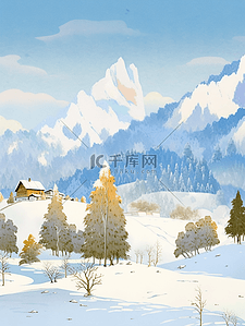 冲海报插画图片_冬天雪山风景松树手绘插画海报