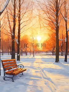 艺术休闲插画图片_冬天公园清晨的阳光休闲长椅7