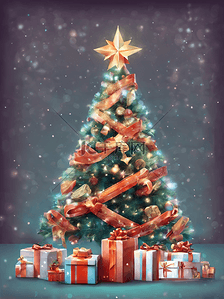 圣诞树下很多圣诞礼物插画梦幻背景