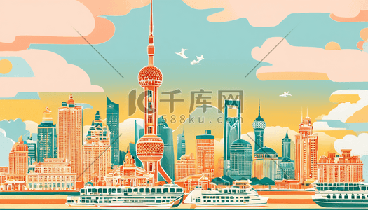 外滩插画图片_中国上海外滩的风景