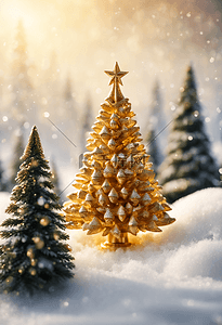 金色银色的圣诞树模型雪地温暖灯光插画