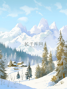 雪山松树风景手绘插画海报冬天