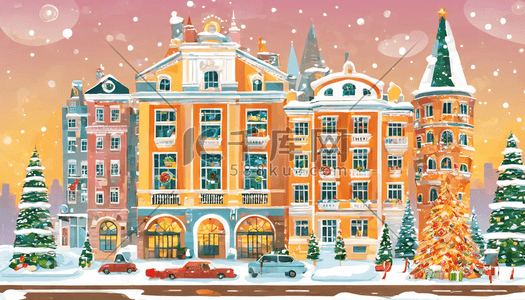 前面插画图片_当代城市的大楼前面一颗巨大的圣诞树