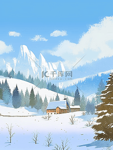 冲海报插画图片_冬天雪山松树风景手绘插画海报