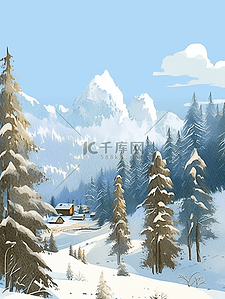 冬天雪山松树手绘风景插画海报