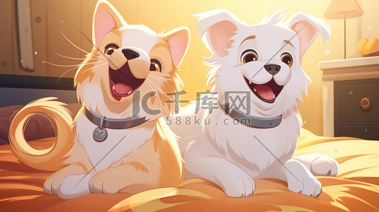宠物猫宠物狗插画图片_猫和狗快乐在床上3