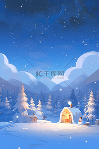 下雪的星空插画图片_雪地的冬天夜晚手绘插画