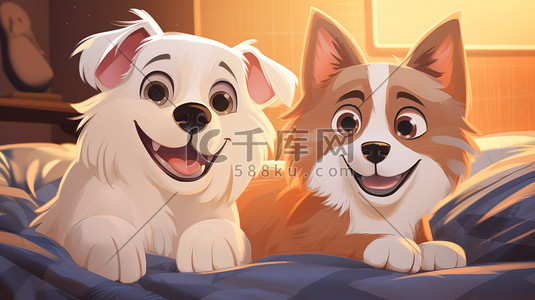宠物猫宠物狗插画图片_猫和狗快乐在床上15