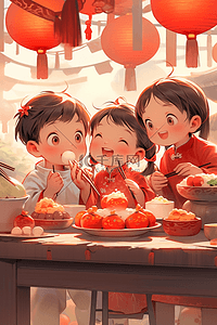 红色圆灯笼插画图片_迎新年可爱孩子吃年饭手绘海报插画