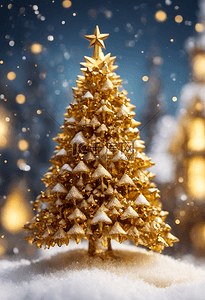 银色的插画图片_金色银色的圣诞树模型雪地温暖灯光插画