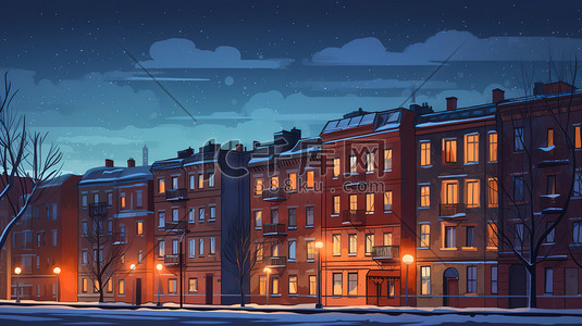 公寓透视插画图片_冬天夜晚的公寓宿舍楼15