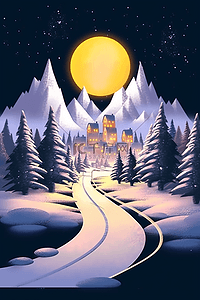 冬天夜晚唯美手绘雪景插画