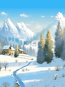 冬天风景雪山松树手绘插画海报
