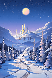 冬天插画雪景夜晚唯美手绘