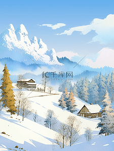 冬天松树雪山风景手绘插画海报
