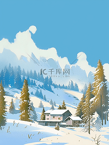 绿色松树林插画图片_雪山松树风景冬天手绘插画海报
