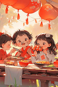 红色圆灯笼插画图片_手绘迎新年可爱孩子吃年饭海报插画