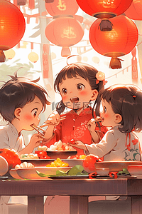 迎新年可爱孩子吃年饭插画手绘海报