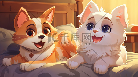 宠物猫宠物狗插画图片_猫和狗快乐在床上14