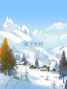 插画冬天雪山松树风景手绘海报