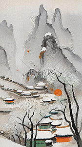 中国风肌理磨砂质感雪景柿子树冬景插画