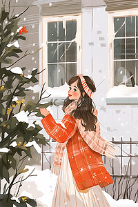 下雪可爱女孩唯美冬天手绘插画