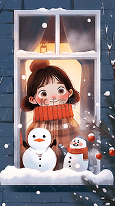 土地下雪插画图片_可爱女孩咖啡雪人赏雪手绘冬天插画