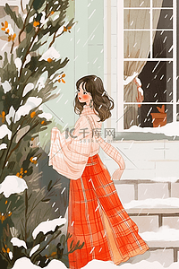 唯美冬天下雪可爱女孩手绘插画